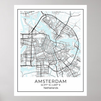 Póster Mapa de Amsterdam - Mapa blanco y negro de Ámsterd