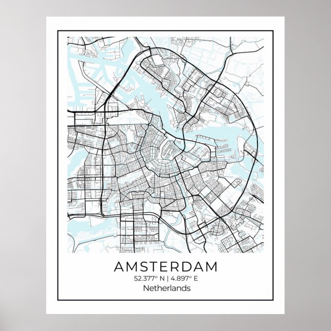 Póster Mapa de Amsterdam - Mapa blanco y negro de Ámsterd (Frente)