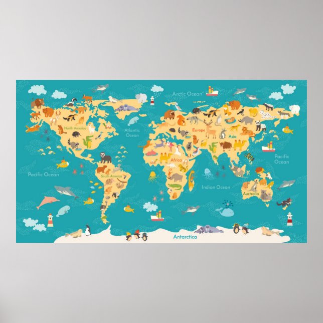 Póster Mapa de animales del mundo para niños (Frente)
