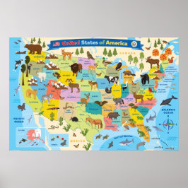 Póster Mapa de animales estadounidenses para niños
