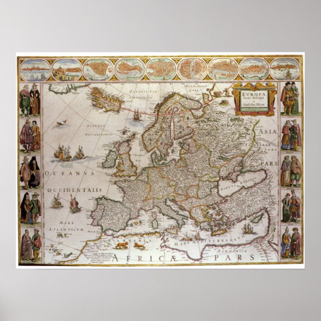 Póster Mapa de Antigüedades de Europa por Willem Jansz Bl (Frente)