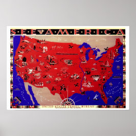 Póster Mapa de Antigüedades Vintage Estados Unidos, Estad