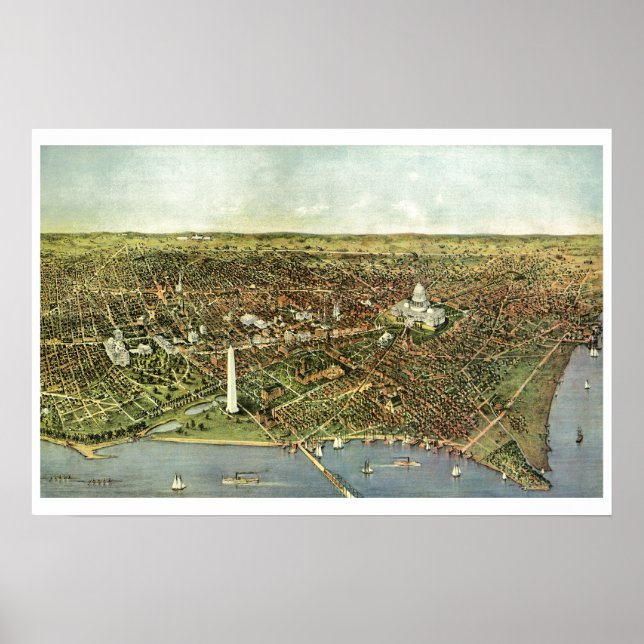 Póster Mapa de antigüedades, vista panorámica de Washingt (Frente)