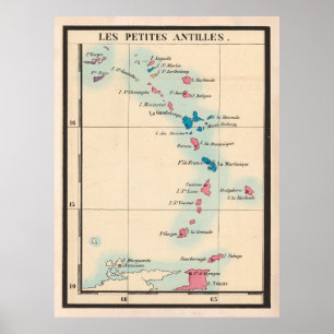 Póster Mapa de Antillas Menores Antiguas (1844) Caribe Vi