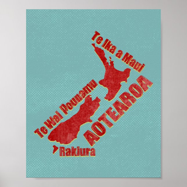 Póster Mapa de Aotearoa Nueva Zelanda (Frente)