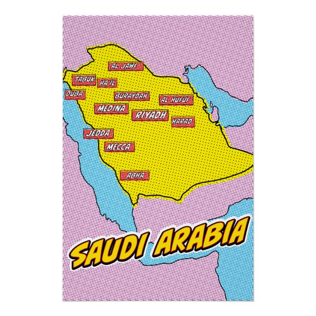Póster Mapa de Arabia Saudita ilustrado con arte pop (Anverso)