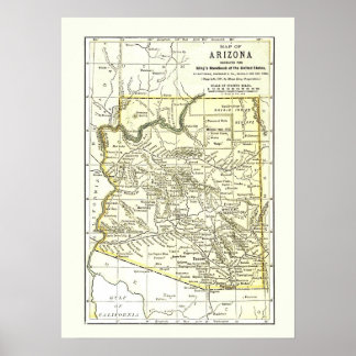 Póster Mapa de Arizona 1891 Ciudades, Tren y Reservas