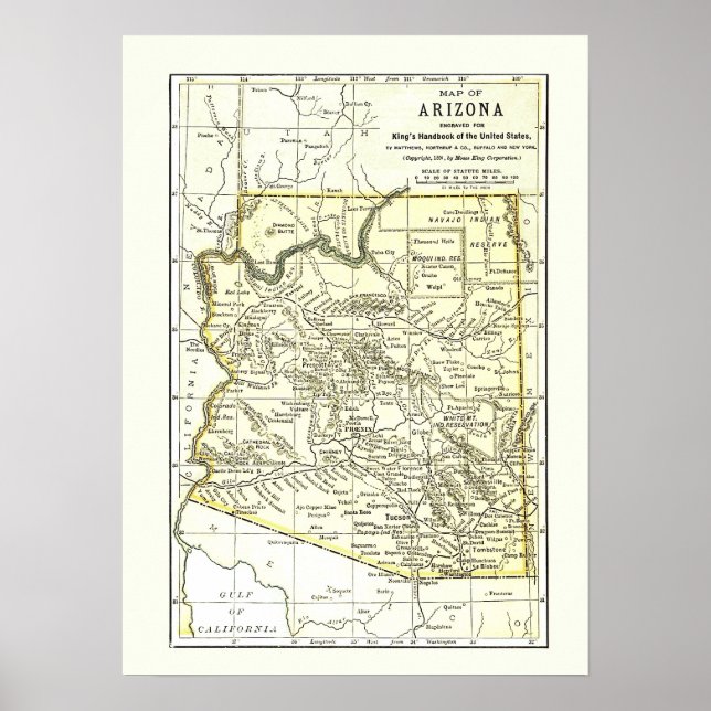 Póster Mapa de Arizona 1891 Ciudades, Tren y Reservas (Frente)