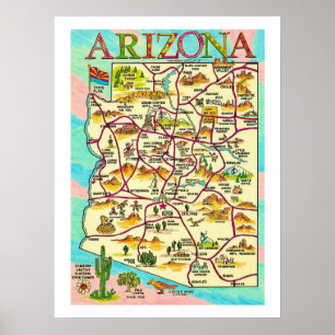 Póster Mapa de Arizona Ilustrado Colorido Impreso