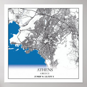 Póster Mapa de Atenas Grecia Viaje simple Mínimo