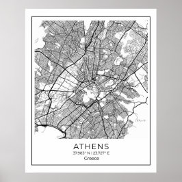 Póster Mapa de Atenas - Poster del Mapa Blanco y Negro de