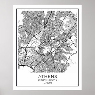 Póster Mapa de Atenas - Poster del Mapa Blanco y Negro de