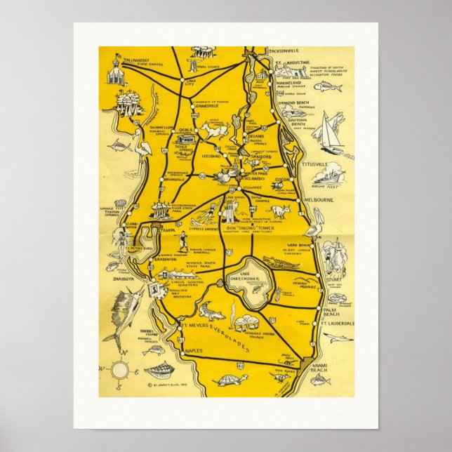 Póster Mapa de atracciones 12x16 de Florida de 1952 (Frente)