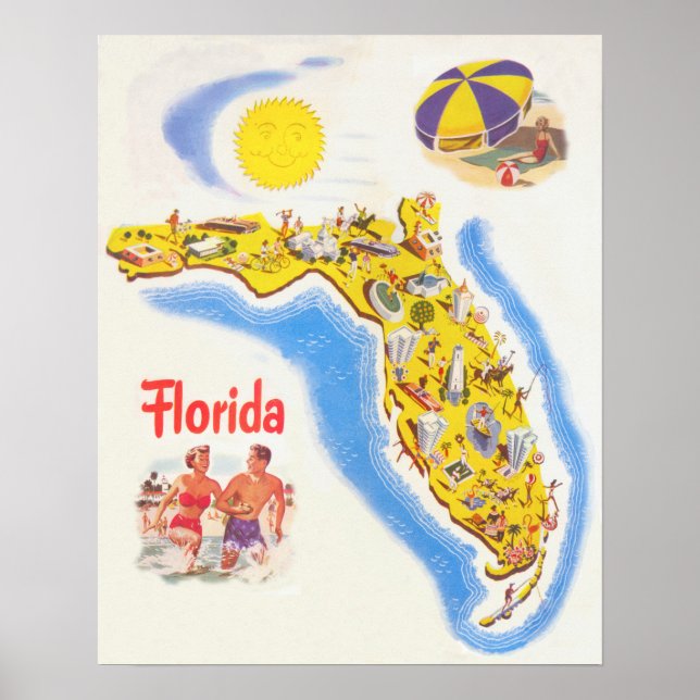 Póster Mapa de atracciones del turismo de la Florida (Frente)