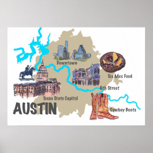Póster Mapa de Austin Tejas
