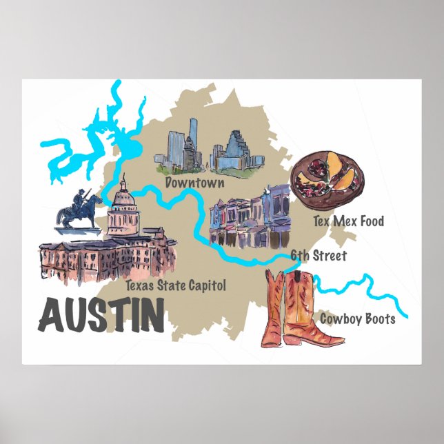 Póster Mapa de Austin Texas (Frente)