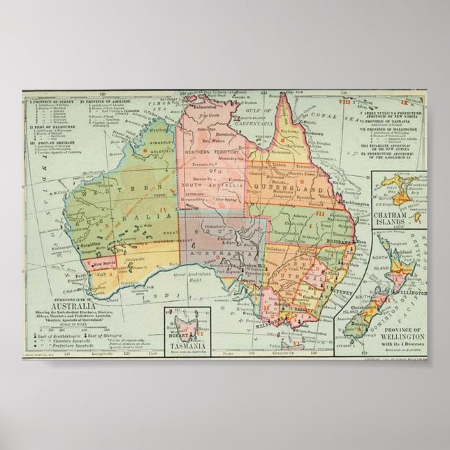 Póster Mapa de Australia y Nueva Zelanda de 1907 (Frente)