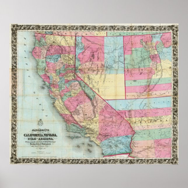 Póster Mapa de Bancroft de California, Nevada (Frente)