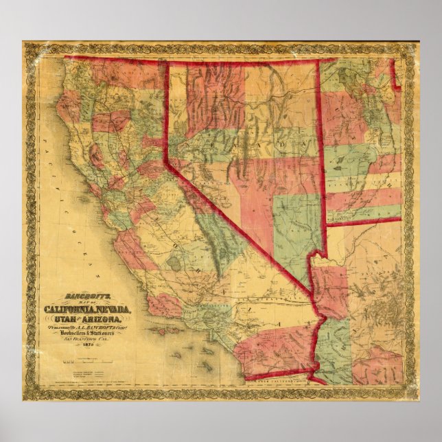 Póster Mapa de Bancroft de California, Nevada, Utah (Frente)