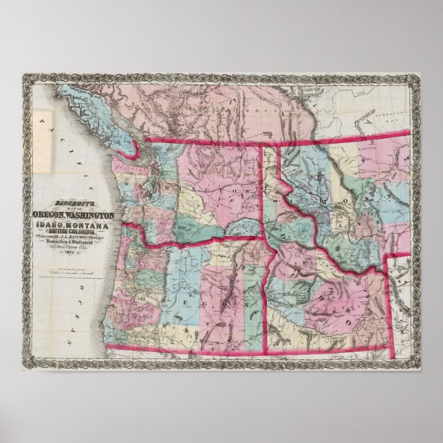 Póster Mapa de Bancroft de Oregón, Washington, Idaho (Frente)