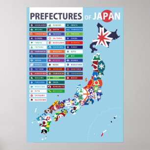 Póster Mapa de bandera de la prefectura de Japón