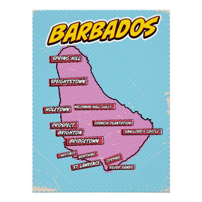 Póster Mapa de Barbados ilustrado al estilo Pop Art (Anverso)
