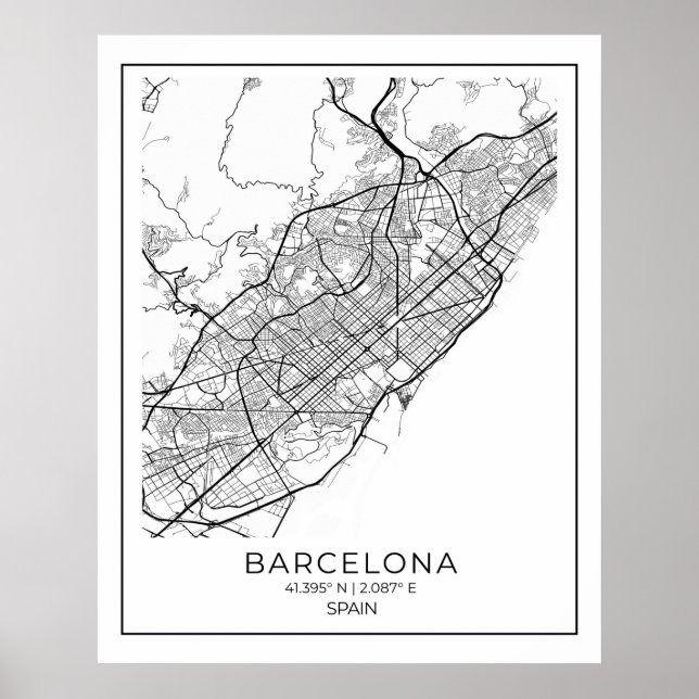 Póster Mapa de BARCELONA - Poster de Mapa Blanco y Negro (Frente)