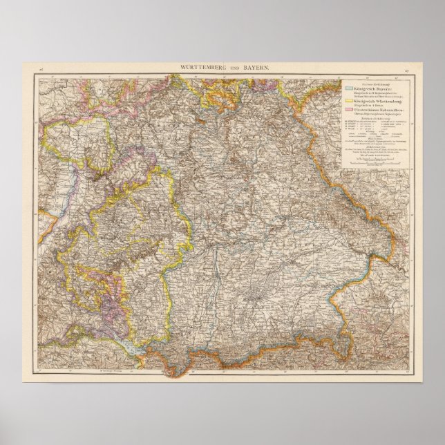 Póster Mapa de Bayern Atlas de Alemania en Wurttemberg (Frente)