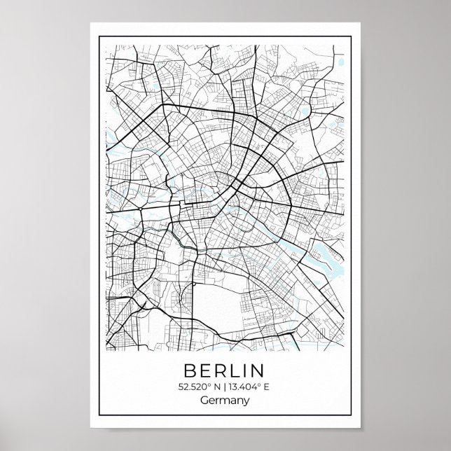 Póster Mapa de Berlín - Mapa blanco y negro de Berlín (Frente)