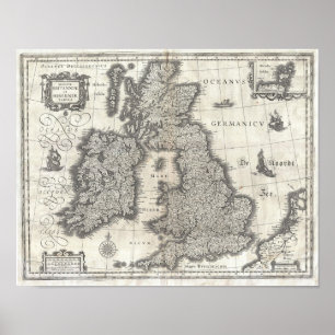 Póster Mapa de Blaeu de Inglaterra, Escocia e Irlanda de