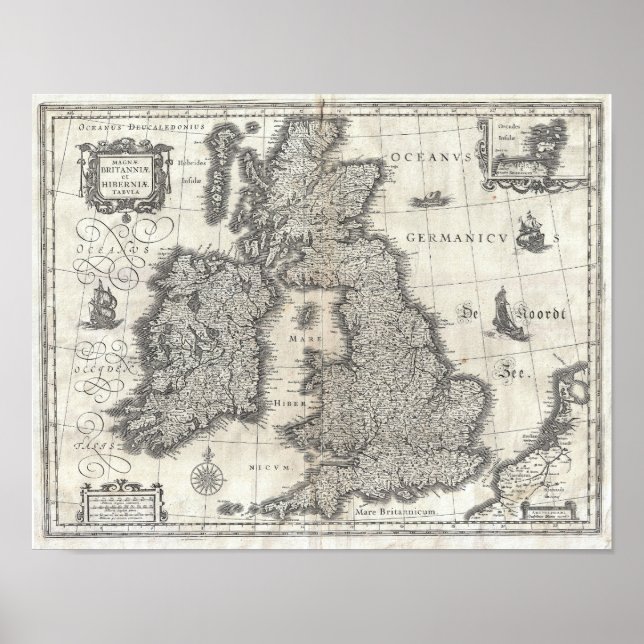 Póster Mapa de Blaeu de Inglaterra, Escocia e Irlanda de  (Frente)