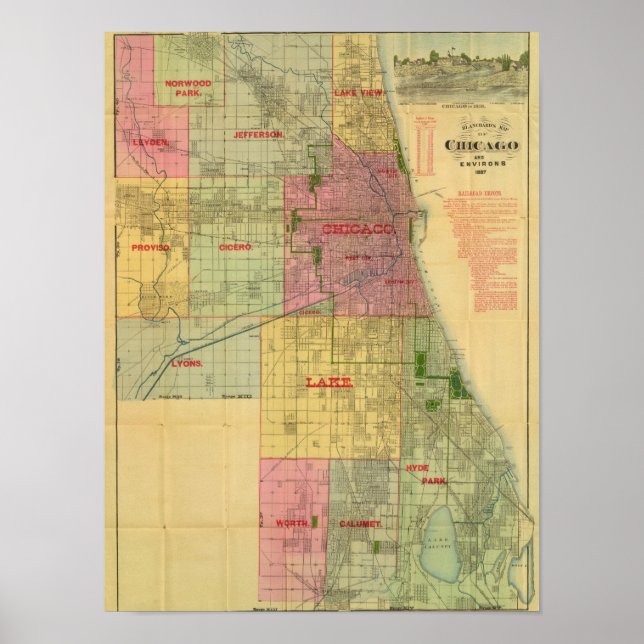 Póster Mapa de Blanchard de Chicago y sus alrededores (Frente)