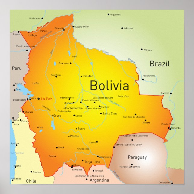 Póster Mapa de Bolivia con ciudades y fronteras (Frente)