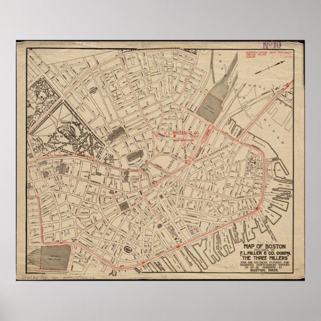 Póster Mapa de Boston del centro de la ciudad de 1911 Vin (Frente)