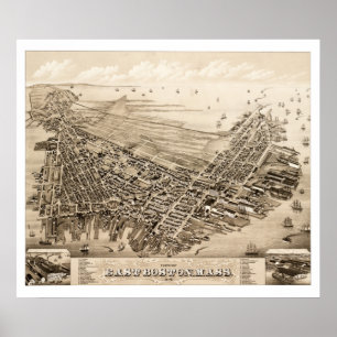 Póster Mapa de Boston del este, Massachusetts en 1879