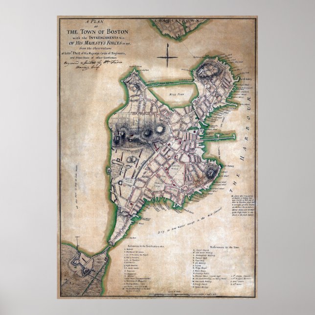 Póster Mapa de Boston Massachusetts 1775 de la página Tho (Frente)