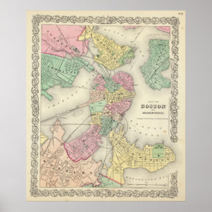 Póster Mapa de Boston y de ciudades adyacentes