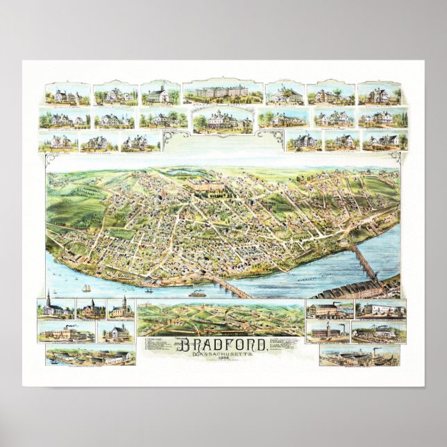 Póster Mapa de Bradford Massachusetts en 1892 (Frente)