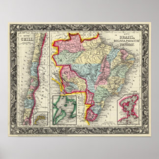 Póster Mapa De Brasil, Bolivia, Paraguay Y Uruguay