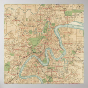 Póster Mapa de Brisbane y los suburbios interiores, 1920
