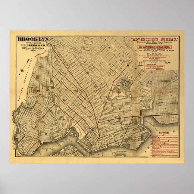 Póster Mapa de Brooklyn de 1874 (Frente)