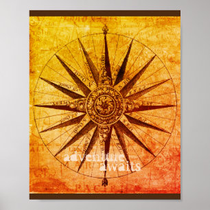 Póster mapa de brújula poster de comillas de estilo vinta