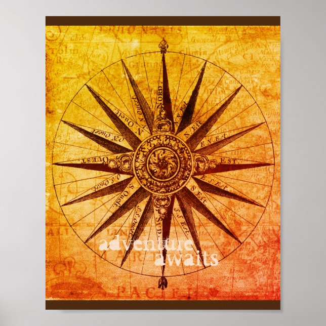 Póster mapa de brújula poster de comillas de estilo vinta (Frente)