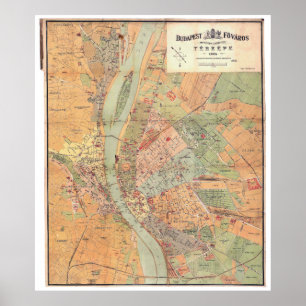 Póster Mapa de Budapest Hungría de 1884