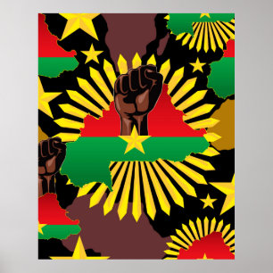 Póster Mapa de Burkina, bandera y puño de la revolución