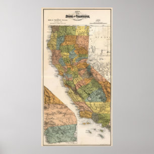 Póster Mapa de California que muestra municipios y ferroc