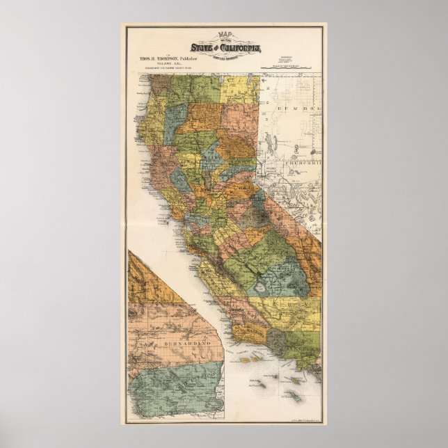 Póster Mapa de California que muestra municipios y ferroc (Frente)