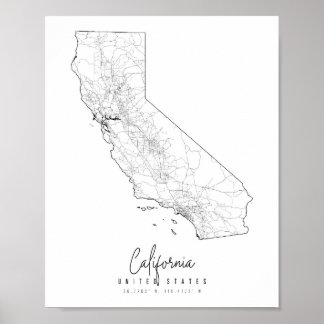 Póster Mapa de calles mínimas de California