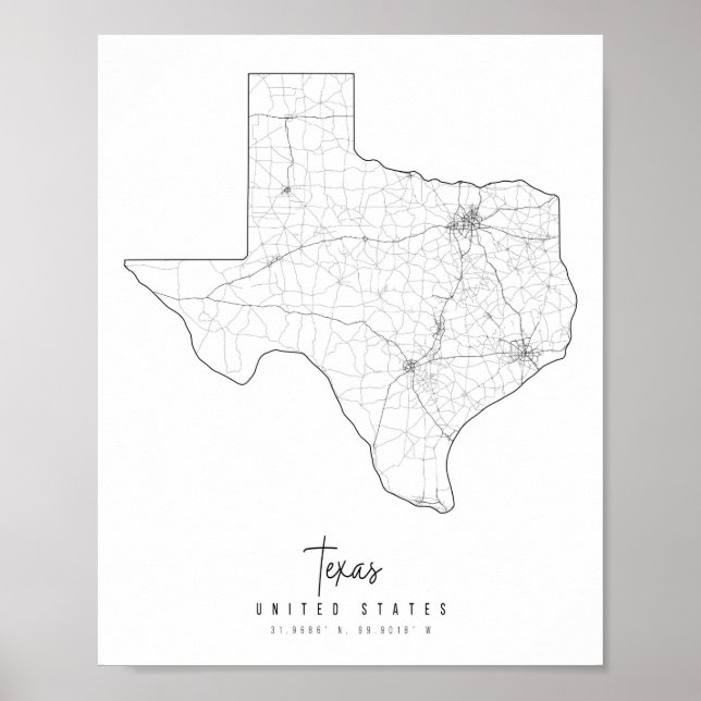 Póster Mapa de calles mínimas de Texas (Frente)