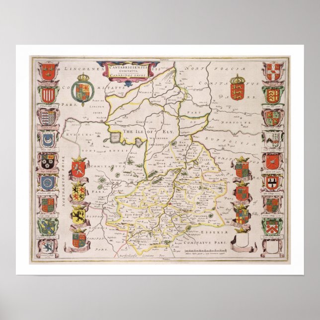 Póster Mapa de Cambridgeshire, publicado Amsterdam c.1647 (Frente)